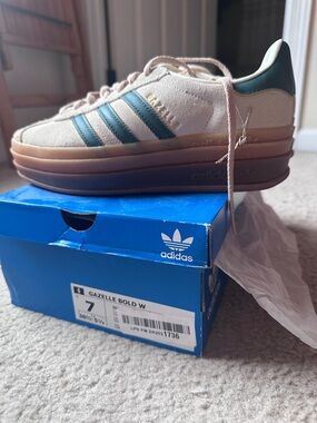 adidas Gazelle Bold W Beige Suede Sneakers with dark green stripes